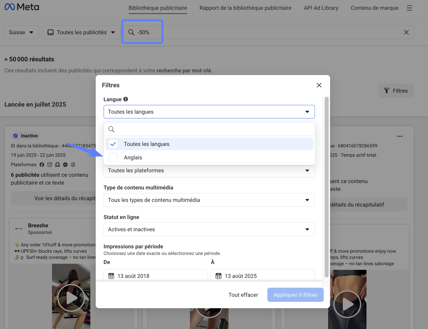 Limitations des filtres Meta